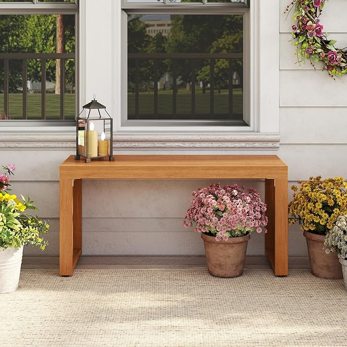 HAPPYGRILL Outdoor Acacia Wood Bench, Patio Bench with Slatted Seat & Metal Protectors, for Entryway Porch Backyard Park, 800 lbs (2)