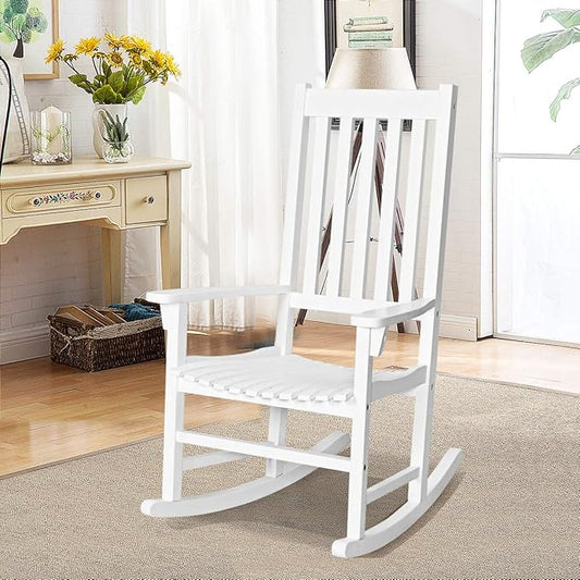 Giantex Rocking Chair Acacia Wood Frame Outdoor& Indoor for Garden, Lawn, Balcony, Backyard and Patio Porch Rocker (1, White)