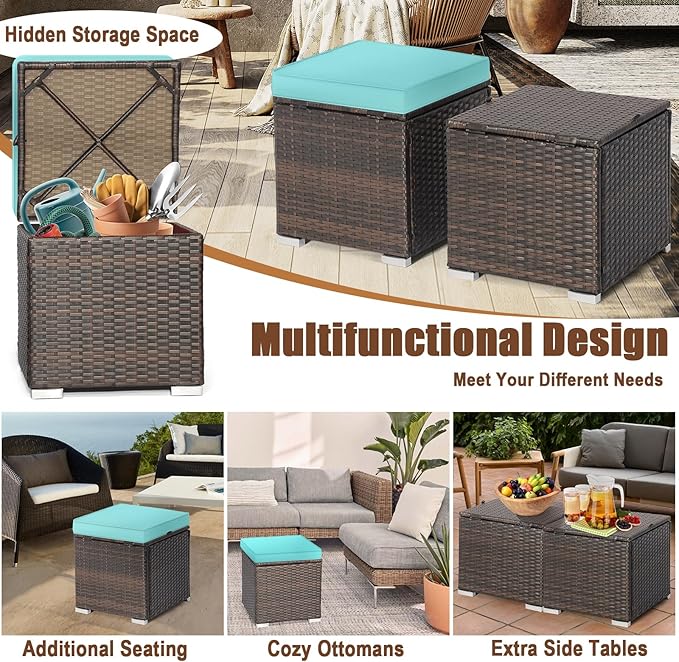 RELAX4LIFE Wicker Outdoor Storage Ottoman, 2-Piece Rattan Footstool w/Removable Cushion - Photo 7