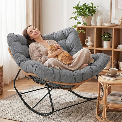 TLSUNNY Outdoor Papasan Rocking Chair, Oversized Padded Lounge Rocker with Cushion, Comfy Wicker Egg Lounge Chair, Large Indoor Rocking Recliner for Living Room/Porch/Garden (Dark Grey)