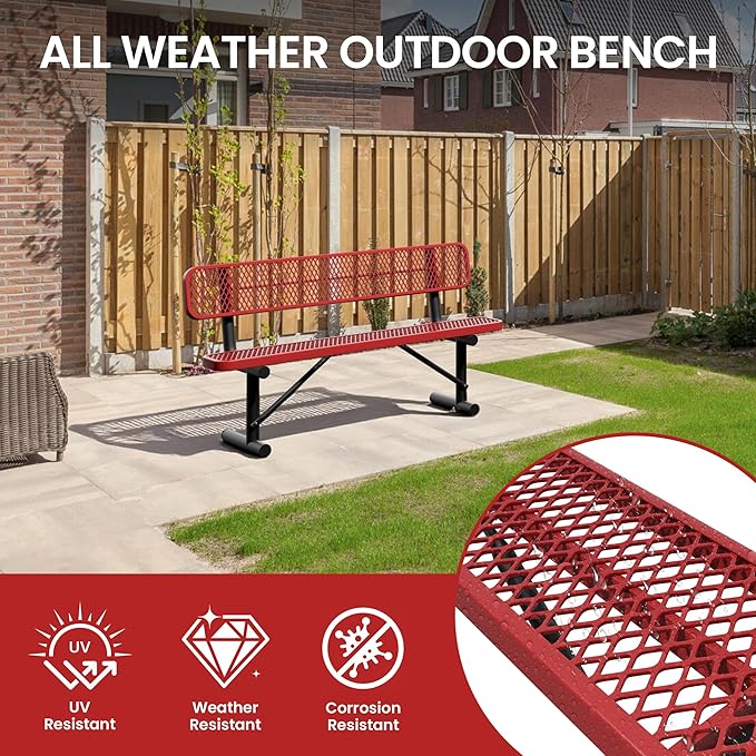 6 Feet Steel Park Bench for Outside, Outdoor Bench with Backrest & Portable Frame, Commercial Benches for Shopping Malls, Stores, Parks, Patios, Decks, Red