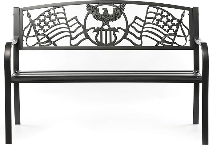 Steel Outdoor Patio Garden Park Seating Bench with Cast Iron Patriotic American Flag and Eagle Backrest, Front Porch Yard Bench Lawn Decor