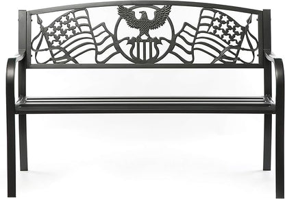 Steel Outdoor Patio Garden Park Seating Bench with Cast Iron Patriotic American Flag and Eagle Backrest, Front Porch Yard Bench Lawn Decor