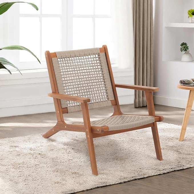 Verano Garden Set of 2 Patio Lounge Chair, Modern Acacia Wood Accent Armchair with Handwoven Rope for Patio, Living Room - Photo 8