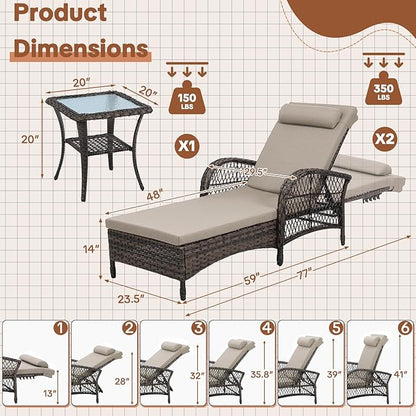 HOMEDIARY 3-Piece Outdoor Wicker Lounge Chair Set, Patio Chaise Loungers Set of 2 w/Side Table, 6-Position Adjustable Poolside Sunbathing Recliner, Armrest and Head Pillow, Fade-Resistant, Beige