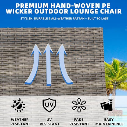 Long Reclining Chair Lounge Set (Set of 3), Modern Outdoor Patio Furniture with Adjustable Backrest & Side Table, Durable PE Wicker, Weather-Resistant Cushions, Blue