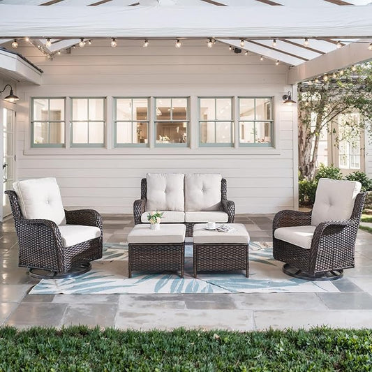 Belord 5 Piece Wicker Patio Furniture Set, Outdoor Swivel Rocker Chairs Set of 2 with Ottomans and Loveseat, All Weather Patio Conversation Furniture Set, for Porch Pool, Brown Wicker/Beige