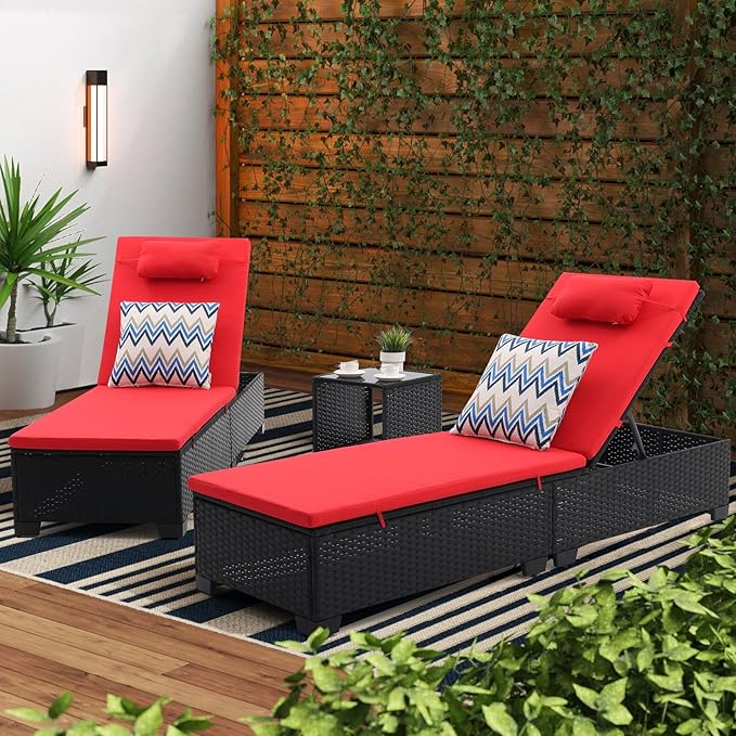 Outdoor Patio PE Wicker Chaise Lounge Chairs Set of 3 Patio Black Rattan Reclining Chair Adjustable Backrest Pool Sunbathing Recliners with Table (Red)