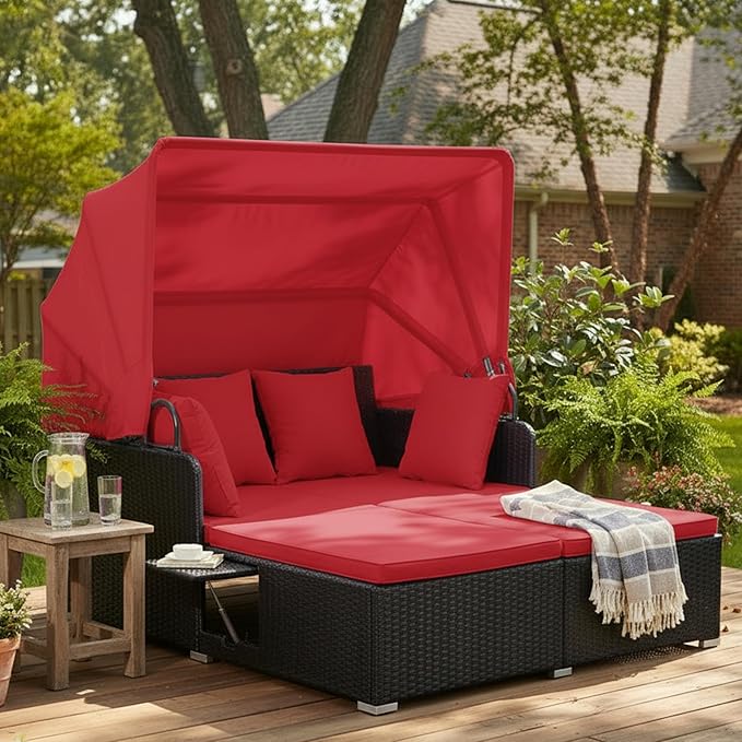 Tangkula Patio Rattan Daybed with Retractable Canopy, Outdoor Wicker Sunbed Lounger with 2 Foldable Side Tables - Photo 3