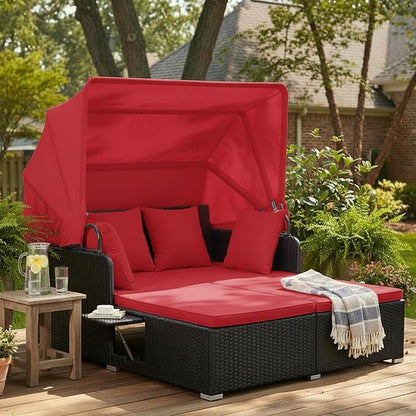 Tangkula Patio Rattan Daybed with Retractable Canopy, Outdoor Wicker Sunbed Lounger with 2 Foldable Side Tables, Thick Seat & Back Cushions, Outside Double Daybed for Garden, Backyard, Porch, Red