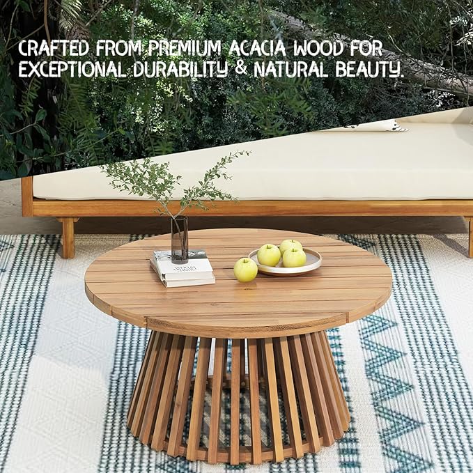 Acacia Wood Patio Coffee Table, Patio Outdoor Acacia Wood Round Coffee Table for Backyard, Lawn, Balcony, Teak Finish - Photo 5