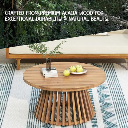 Acacia Wood Patio Coffee Table, Patio Outdoor Acacia Wood Round Coffee Table for Backyard, Lawn, Balcony, Teak Finish, Light Teak