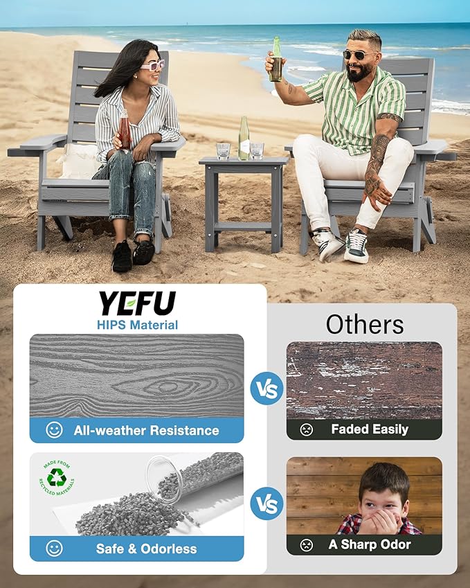 YEFU Classic Folding Adirondack Chair: Oversized Heavy Duty Adirondack Chairs with Comfort Arc Backrest & Cup Holder - All Weather HIPS Plastic Fire Pit Chair for Outdoor Patio Lawn Garden Grey
