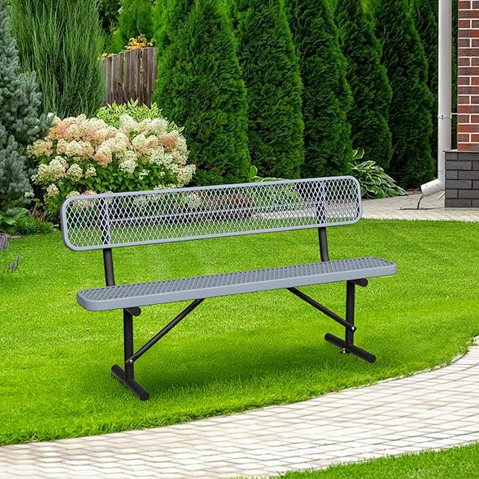 6ft Gray Metal Park Bench with Backrest, Heavy Duty Outdoor Benches Weatherproof Steel Long Playground Bench Seats, Commercial Garden Benches Red Dock Benches for Lawn, Park, Deck,Patio, Porch