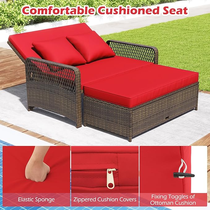 Tangkula Patio Adjustable Wicker Daybed, Rattan Loveseat & Storage Ottoman w/ 4-Level Backrest & Soft Cushions - Photo 8
