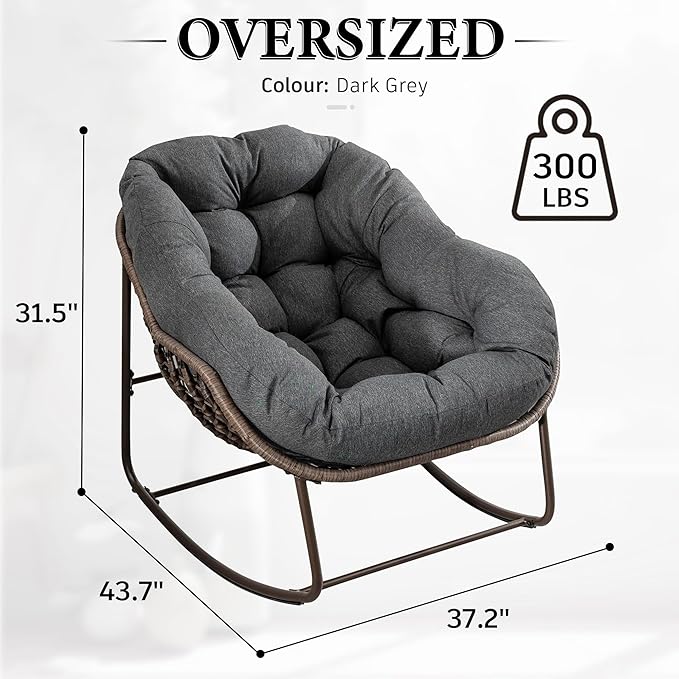 Outdoor Patio Rocking Chair, Oversized Papasan Chair with Cushion and Frame, Comfy Rattan Wicker Egg Chairs Indoor, Modern Lounge Rocker for Front Porch Living Room Bedroom (Dark Grey, Set of 1)