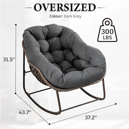 Outdoor Patio Rocking Chair, Oversized Papasan Chair with Cushion and Frame, Comfy Rattan Wicker Egg Chairs Indoor, Modern Lounge Rocker for Front Porch Living Room Bedroom (Dark Grey, Set of 1)