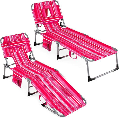 Giantex Face Down Tanning Chair, Folding Beach Lounge Chair w/ 4-Position Adjustable Backrest, Outdoor Sunbathing Lounge Chair w/Face Arm Hole & Storage Pocket for Patio Deck Poolside (2 Pink Stripe)