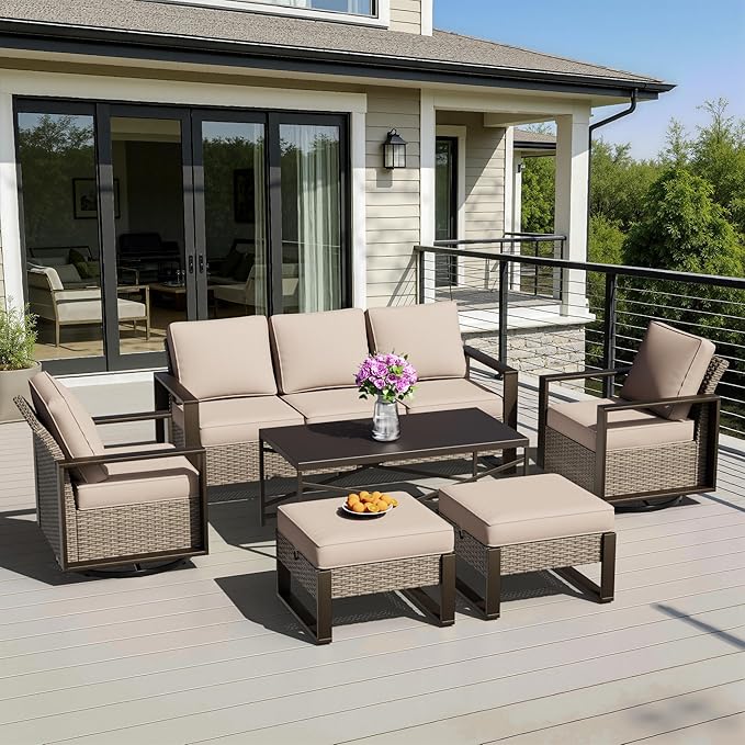 6 Pieces Metal Wicker Patio Furniture Set - 75" Sofa, Two Swivel Chairs and Two Ottomans - Photo 1