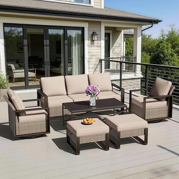 6 Pieces Metal Wicker Patio Furniture Set - 75" Sofa, Two Swivel Chairs and Two Ottomans - Photo 1