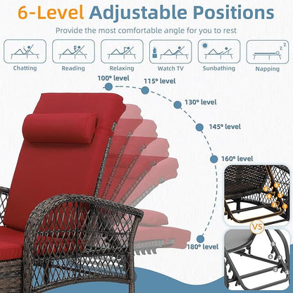 Outdoor Chaise Lounge Chair, PE Wicker Long Recliner Patio Lounge Chair with Cushion, 6-Position Patio Reclining Sun Lounger with Adjustable Backrest for Poolside, Armrest & Pillow, Red