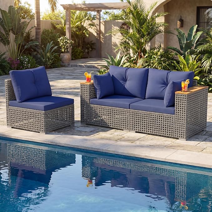 Tangkula 86.5" Large 3-Seat Patio Wicker Sofa, 3 Pieces PE Rattan Sectional Furniture Set with Cup Holder & Wood Armrest, Outdoor Couch Set with Armless & 2 Corner Sofas for Garden, Yard, Porch, Navy