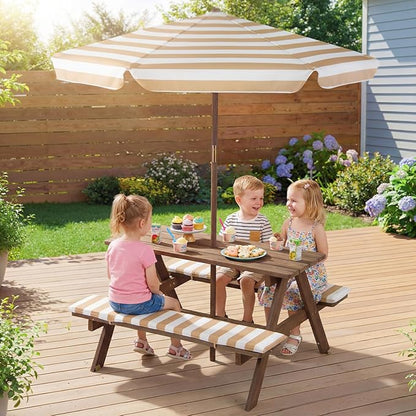 Costzon Kids Picnic Table, Wooden Toddler Outdoor Table & Bench Set with Removable Umbrella & Cushions, Stripe Fabric, Kids Outdoor Furniture for Patio Backyard Garden, Fits 4 Children Age 3+ (Coffee)