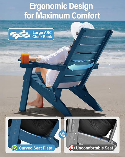 YEFU Oversized Folding Adirondack Chair: Plastic Outdoor Heavy Duty Fire Pit Chair with Comfort Arc Backrest & Cup Holder - All Weather HIPS Adirondack Chairs for Lawn Backyard Garden Navy