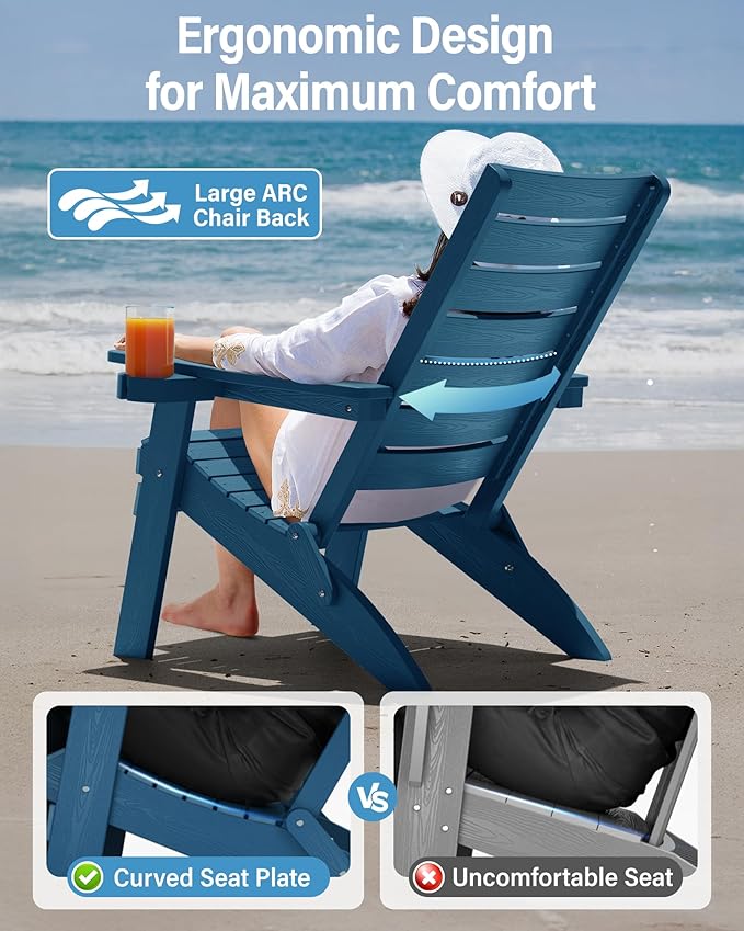 YEFU Adirondack Chair, Folding Adirondack Chairs Set of 4 with Arc Back & Cup Holder, Weather Resistant Plastic Oversized Chair for Outdoor Patio Lawn Garden Backyard Deck Fire Pit, Navy