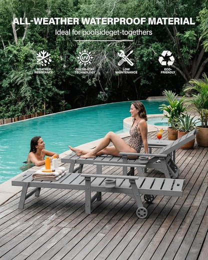YEFU Lounge Chair Outdoor Set of 4: Outdoor Chaise Lounge with 5-Level Adjustable Backrest, Cup Holders & Wheels, All-Weather Resistance Chaise Lounge for Outside/Patio/Beach/Deck, Grey