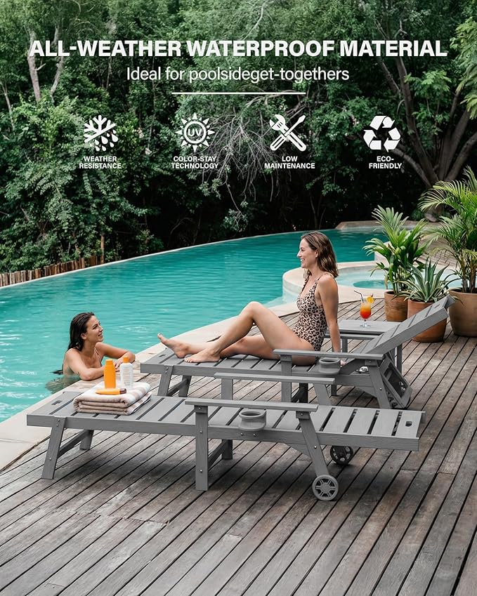 YEFU Lounge Chair Outdoor Chaise: Outdoor Chaise Lounge with 5-Level Adjustable Backrest, Cup Holders & Wheels, All-Weather Resistance Chaise Lounge for Outside/Patio/Beach/Deck, Grey