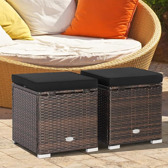 Tangkula 2 Pieces Patio Ottomans, Patiojoy Hand-Woven PE Rattan Side Table with Removable Cushion & Hidden Storage Space - Photo 2