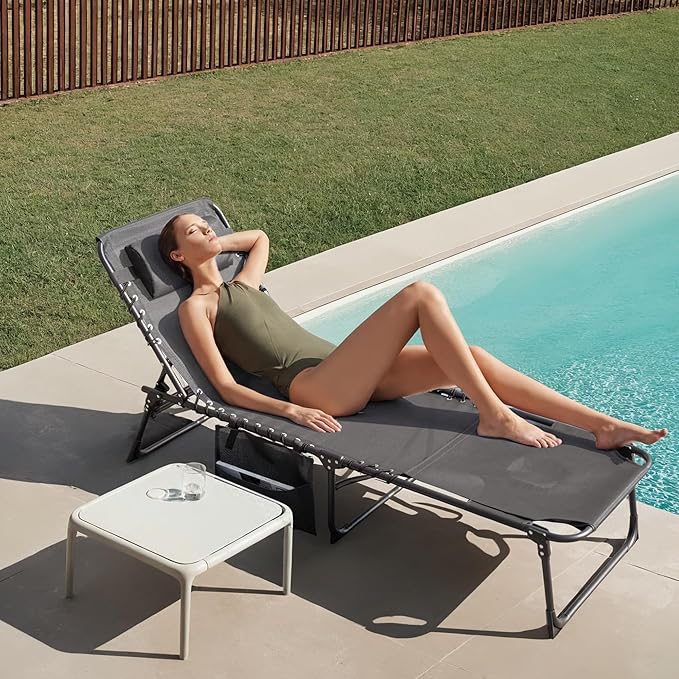 Greesum Chaise Lounge Folding Tanning Chair with 5 Position Adjustable Back, Detachable Pillow & Pocket for Outside Pool, Beach, Sunbathing, Gray w/Face Hole