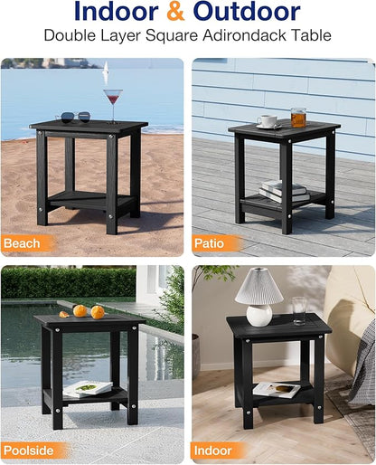 YEFU Outdoor Side Table for Patio: 16" HIPS Weather - Resistant Adirondack Tables Set of 2 - Small Square End Tables for Backyard Pool Porch Balcony - Indoor Outdoor Double Layer Table Black