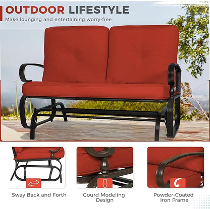Crownland Outdoor Patio Glider Chair, Rocking Glider Bench for 2 Person, Porch Furniture Loveseat Seating, Wrought Iron Patio Textilene Gliders for Outside, Porch, Garden(Classic Red)