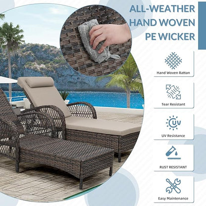Outdoor Chaise Lounge Chair Set of 2, PE Wicker Recliner Patio Reclining Sunbathing Chair with Cushion, 6-Position Patio Lounge Chair with Adjustable High Backrest, Armrest & Pillow, Beige