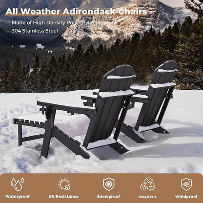 BRIOPAWS Adirondack-Chairs-with-Pull-Out-Footrest | Set of 2 | Folding | HDPE Plastic | Fire Pit Chair | All Weather | Cup Holders | Curved Back | Retractable Ottoman | for Poolside Deck | Black