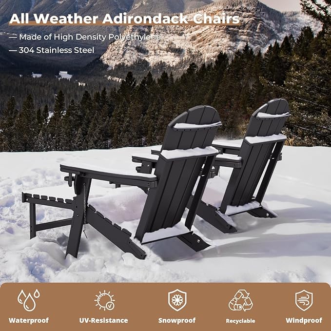 BRIOPAWS Adirondack-Chair-with-Pull-Out-Footrest | Folding | HDPE Plastic | Fire Pit Chairs | All Weather | Cup Holders | Curved Back | Retractable Ottoman | for Outdoor Deck Poolside | Black