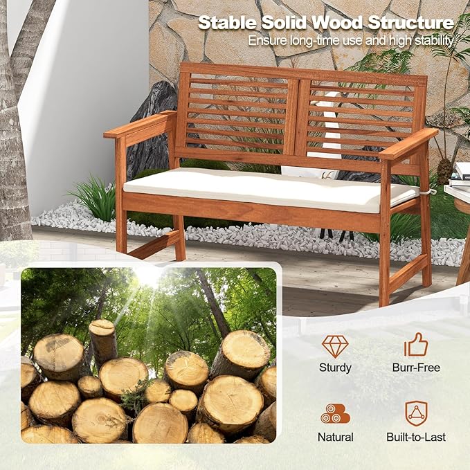 HAPPYGRILL Outdoor Wood Bench Patio Solid Wood Loveseat with Comfortable Backrest & Cushions, Breathable Slatted Seat, Outside Loveseat Chair for Balcony Porch Garden