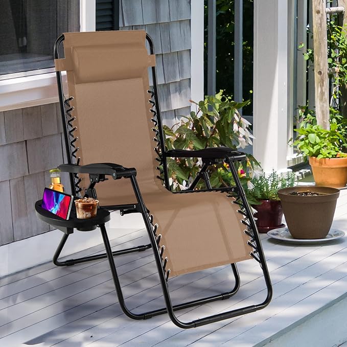 Goplus Zero Gravity Lounge Chairs, 160°Adjustable Folding Recliner w/Pillow and Cup Holder - Photo 7