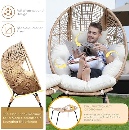 NICESOUL Wicker Egg Chair with Ottoman, Indoor Outdoor Egg Basket Lounge Chair w/Cushion, Oversized Egg Seat with Legs 440 Lbs, Comfy Cozy Boho Style Nest Chair w/Footrest for Patio, Balcony, Beige