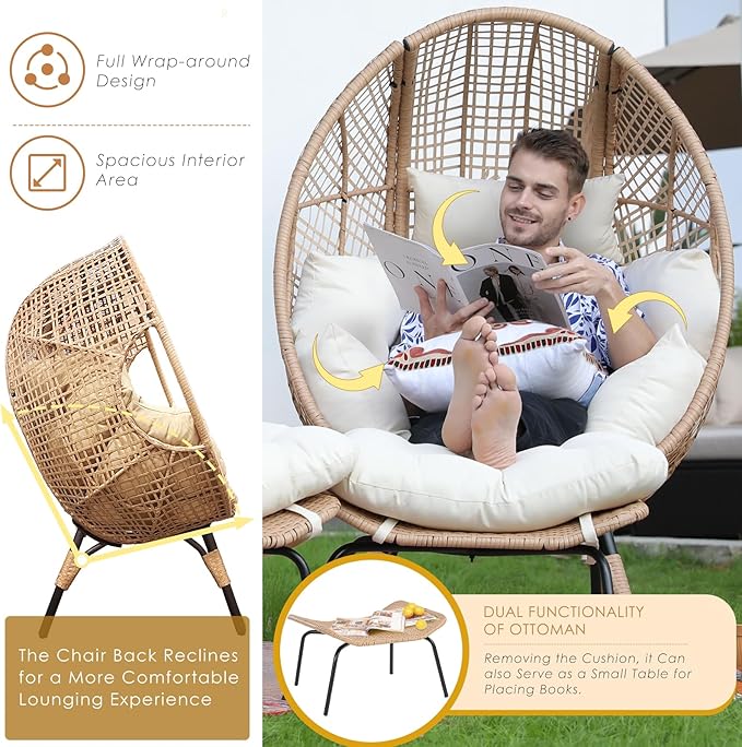 NICESOUL® 2 Person Wicker Stationary Egg Chair Indoor Outdoor Egg Basket Lounge Chair Oversized Thick Cushions Egg Seat - Photo 7