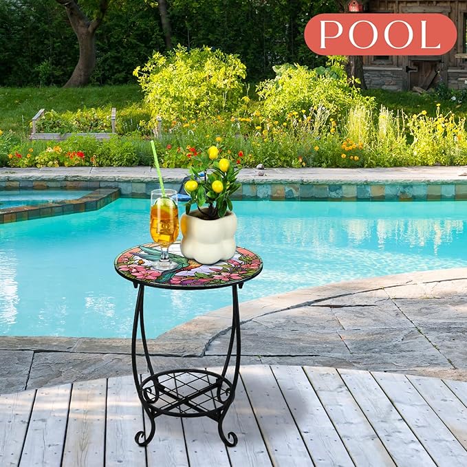 Outdoor Side Table Round Small Mosaic Patio Accent Indoor End Plant Metal Coffee Tea Table for Yard Porch Garden Patio - Photo 4