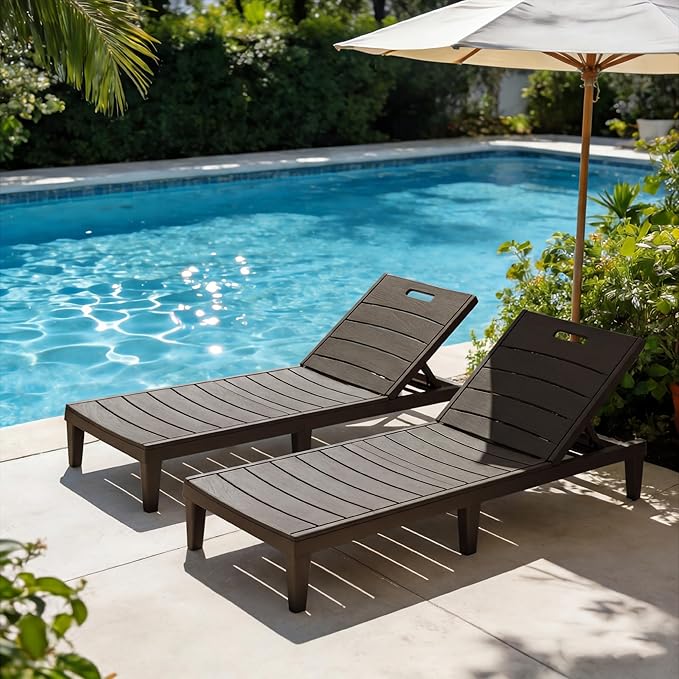 Greesum Outdoor Chaise Lounge Chair Set of 2, Waterproof 5-Position Adjustable PP Sun Loungers for Patio, Poolside, and Beach Sunbathing, Brown