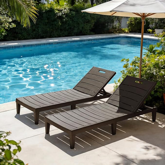 Greesum Outdoor Chaise Lounge Chair Set of 2, Waterproof 5-Position Adjustable PP Sun Loungers for Patio, Poolside, and Beach Sunbathing, Brown