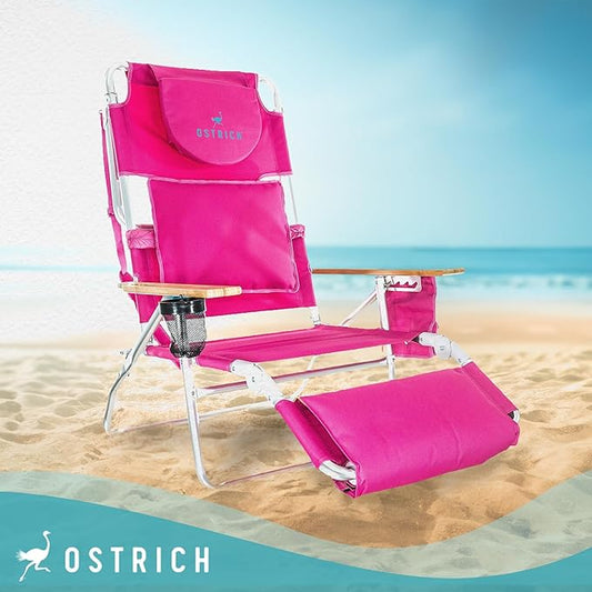 Ostrich the Deluxe 3N1 Lightweight Lawn Beach Reclining Lounge Chair with Footrest, Outdoor Furniture for Patio, Balcony, Backyard, or Porch, Pink