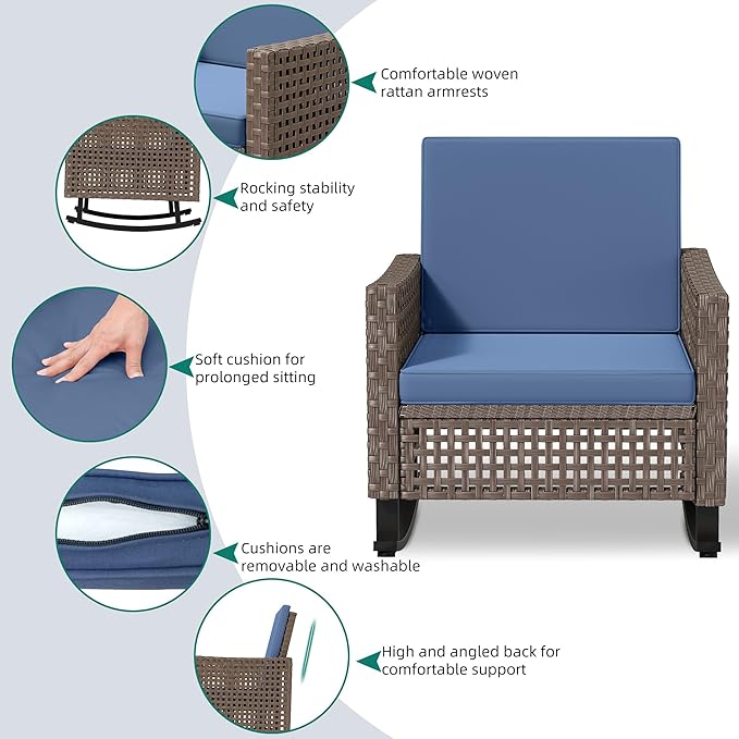 YITAHOME 3 Pieces Patio Wicker Rocking Chair Set, Outdoor Patio Furniture Set with Rattan Side Table, Thickened Cushions - Photo 5