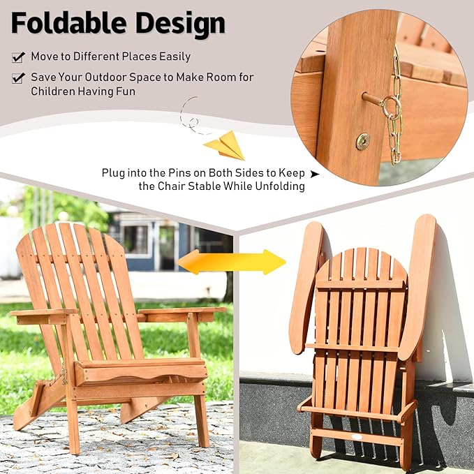 Tangkula Folding Adirondack Chair, Weather Resistant Outdoor Chair, Eucalyptus Wood Adirondack Lounger Chair for Patio Porch Deck Poolside and Backyard (1) Natural