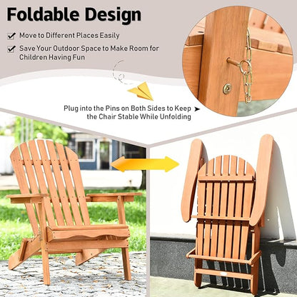 Tangkula Folding Adirondack Chair, Weather Resistant Outdoor Chair, Eucalyptus Wood Adirondack Lounger Chair for Patio Porch Deck Poolside and Backyard (1) Natural
