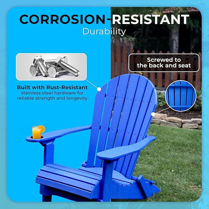 Ecommersify Folding Adirondack Chair with Cup Holder - (Blue) - Heavy Duty Recycled Poly Lumber Folding Chair - Amish Crafted Outdoor Furniture - Made in USA